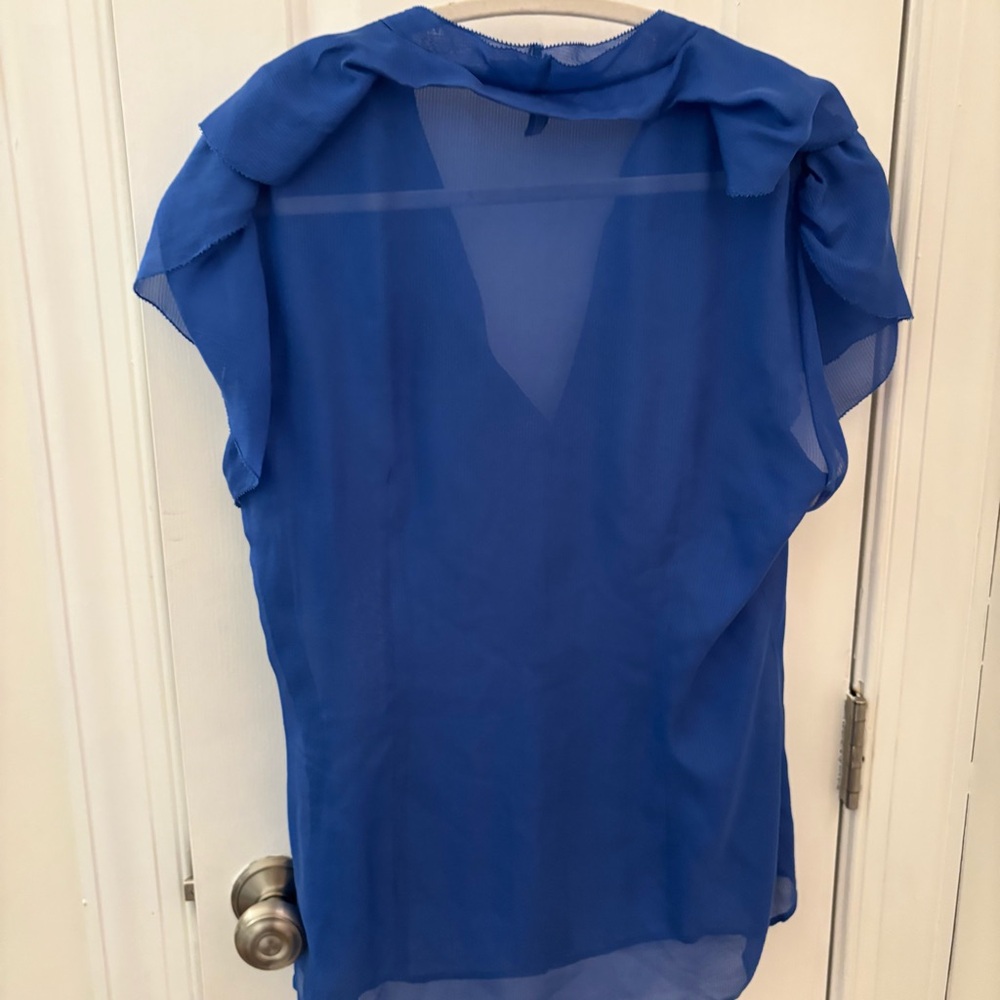 BCBGMaxAzria Silk Royal Cobalt Blue Sheer Blouse size M Ruffles - Picture 7 of 9